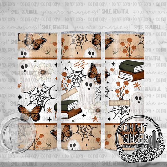 Spooky Books Skinny Tumbler — books, spiders, ghosts, webs and autumn accents