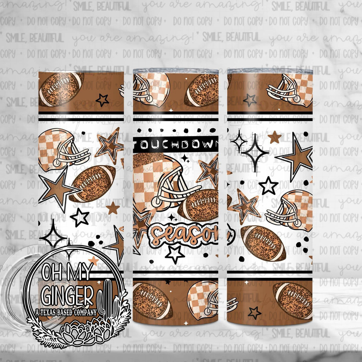 Touchdown Season Skinny Tumbler featuring footballs, helmets, stars and bold Touchdown Season lettering in warm neutral tones by Oh My Ginger