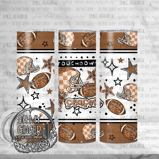 Touchdown Season Skinny Tumbler featuring footballs, helmets, stars and bold Touchdown Season lettering in warm neutral tones by Oh My Ginger