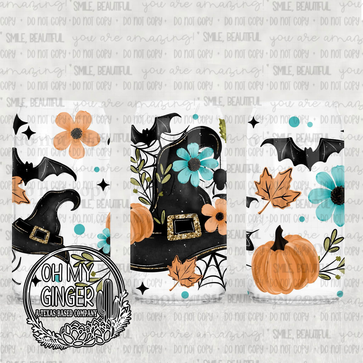 Witch Fall Floral Glass Can featuring a black cat, witch hat, teal-and-orange flowers, pumpkins and fall leaves by Oh My Ginger