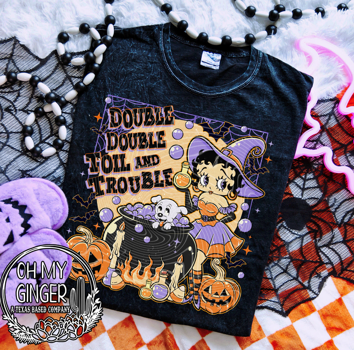 Betty B Toil and Trouble adult apparel design featuring a playful retro cartoon-inspired witchy design with Toil and Trouble wording by Oh My Ginger