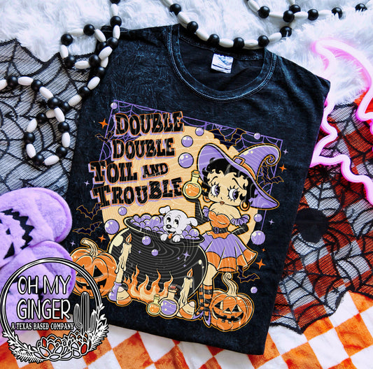 Betty B Toil and Trouble — a cartoon witch with pumpkins and double-toil-and-trouble lettering