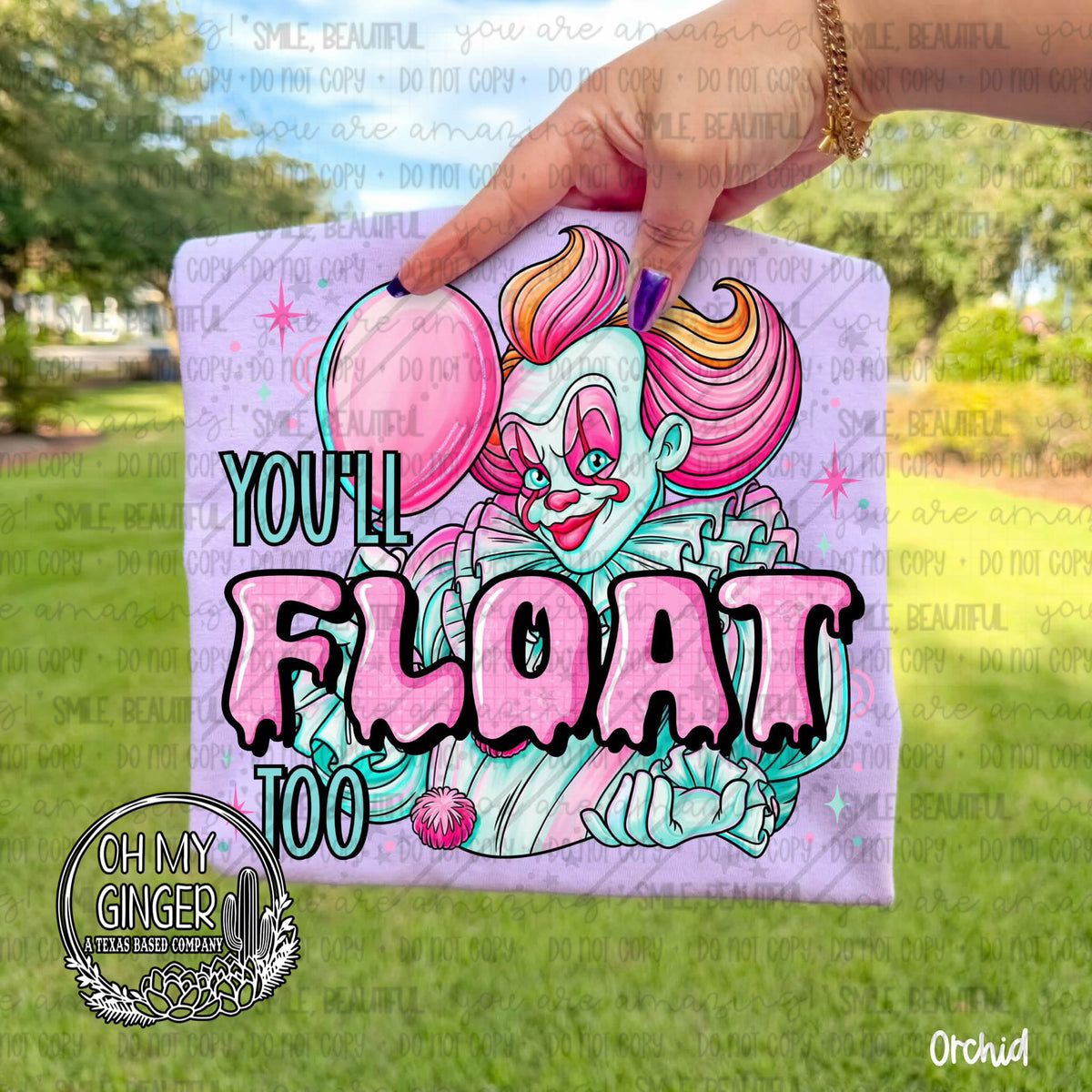 You’ll Float Too adult apparel design featuring a chilling You’ll Float Too horror phrase with sinister-clown inspiration by Oh My Ginger