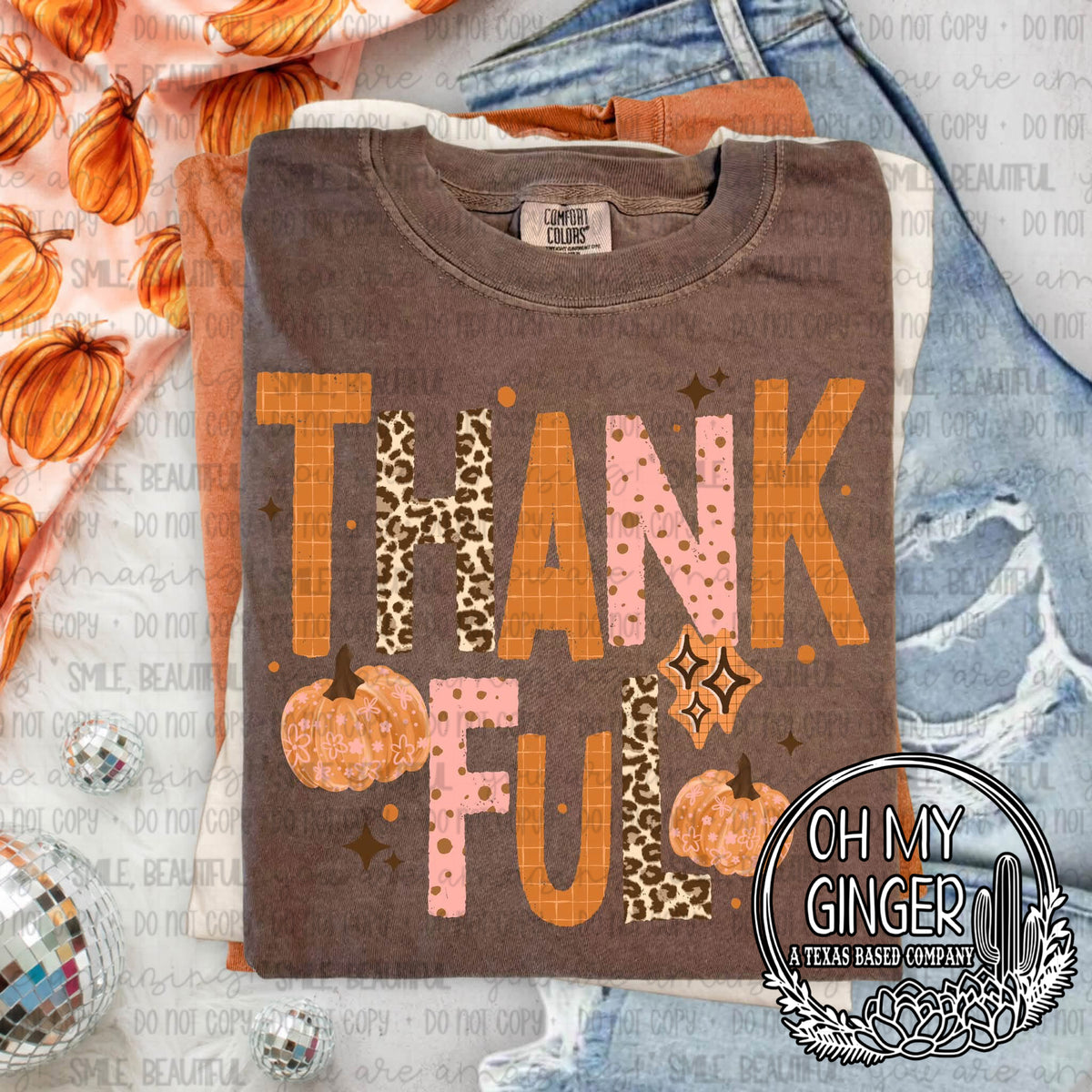 Thankful — large patterned thankful lettering and a pumpkin accent