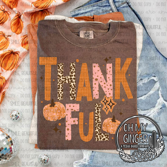 Thankful — large patterned thankful lettering and a pumpkin accent