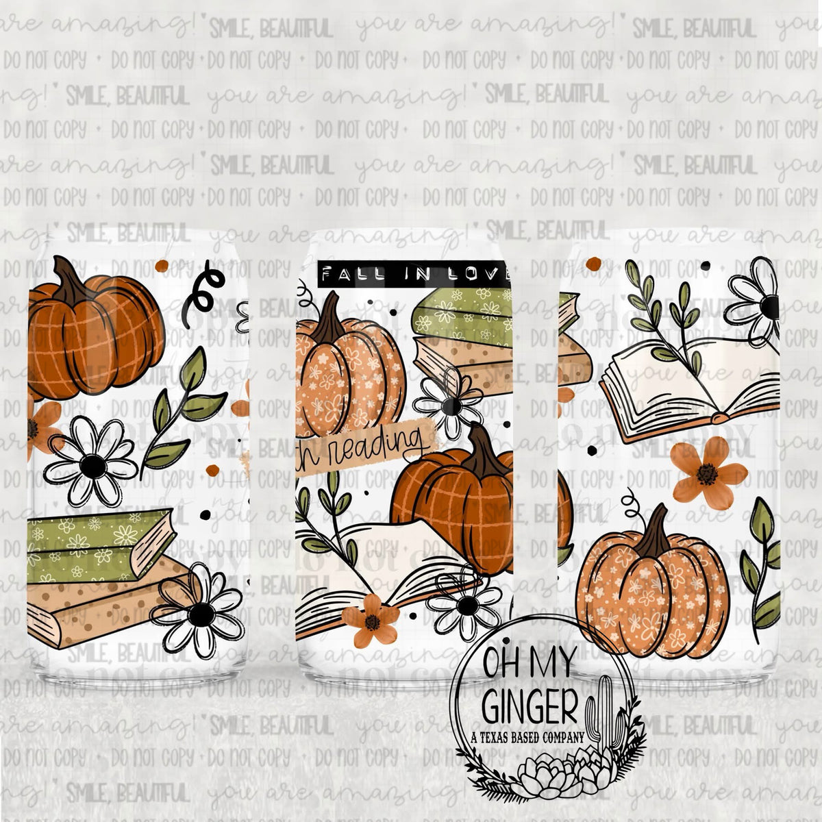 Fall In Love With Reading Glass Can featuring stacked books, pumpkins, open pages, flowers and Fall in Love with Reading lettering by Oh My Ginger