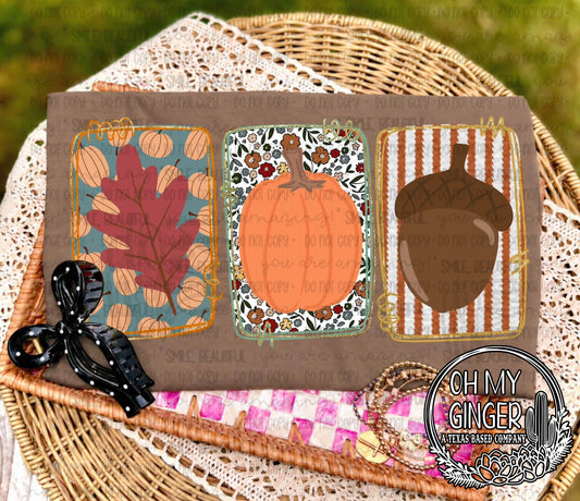 Fall Trio — three autumn panels featuring a leaf, pumpkin and acorn