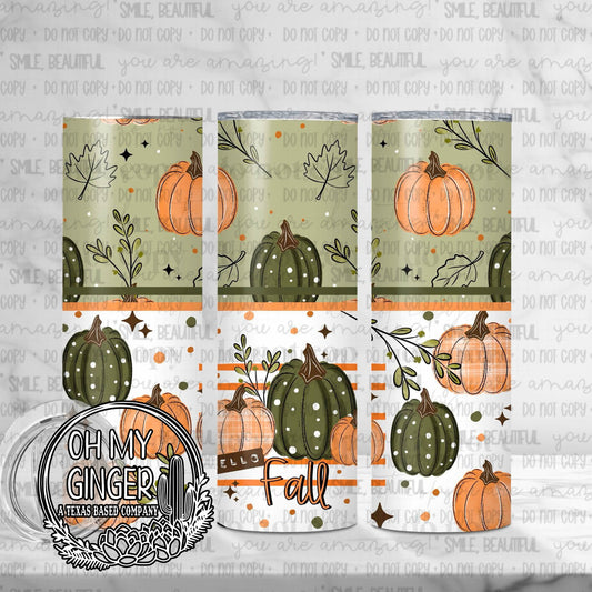 Hello Fall Skinny Tumbler featuring green and orange pumpkins, leaves and delicate botanical details with Hello Fall lettering by Oh My Ginger