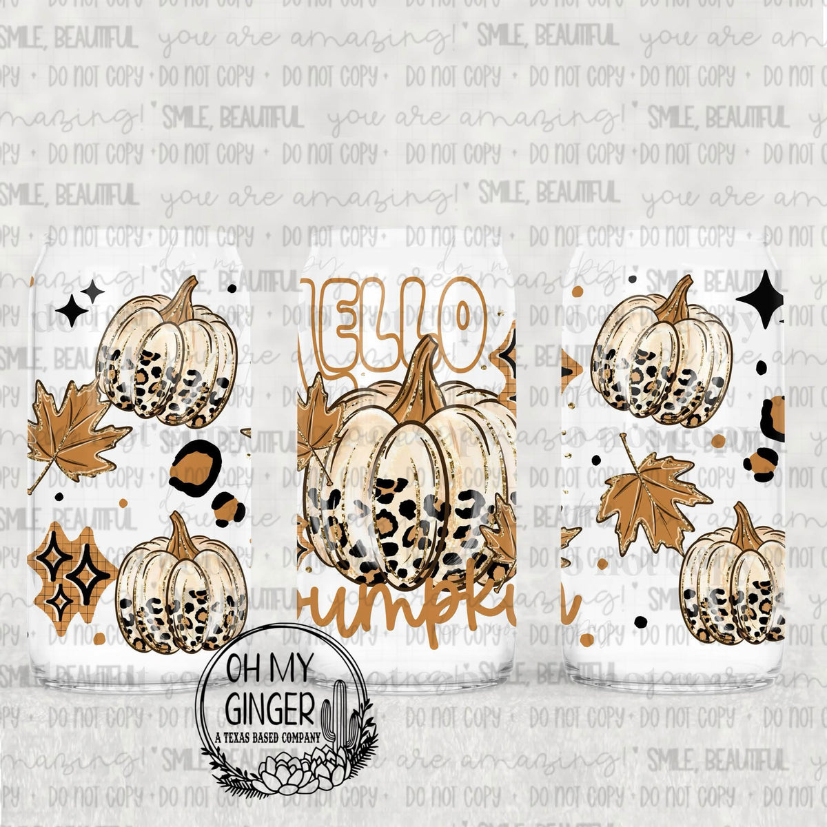 Hello Pumpkin Glass Can featuring neutral patterned pumpkins, fall leaves and large Hello Pumpkin lettering by Oh My Ginger