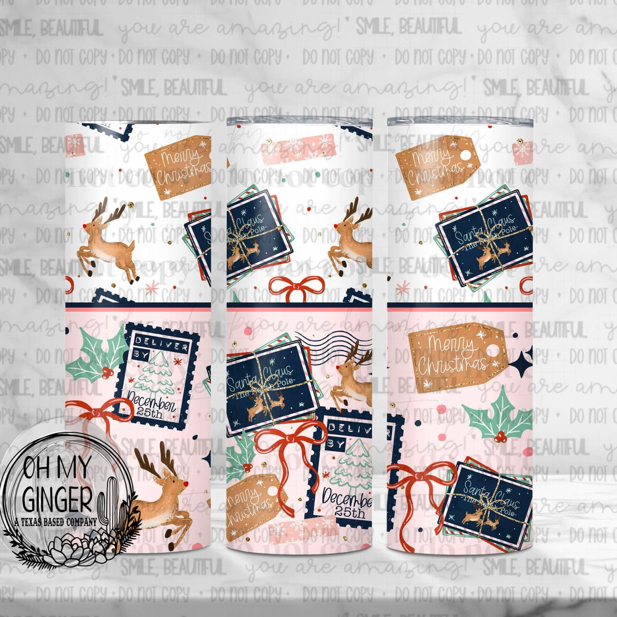 Deliver By December 25th Skinny Tumbler featuring North Pole delivery stamps, reindeer, parcels, holly and red ribbon bows by Oh My Ginger