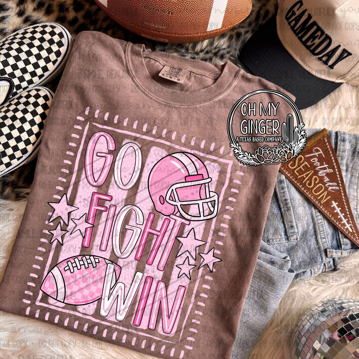 Go Fight Win adult apparel design featuring an energetic Go Fight Win football and team-spirit design by Oh My Ginger