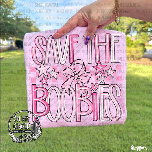 Save The Boobies — pink save-the-boobies lettering with a bow and stars