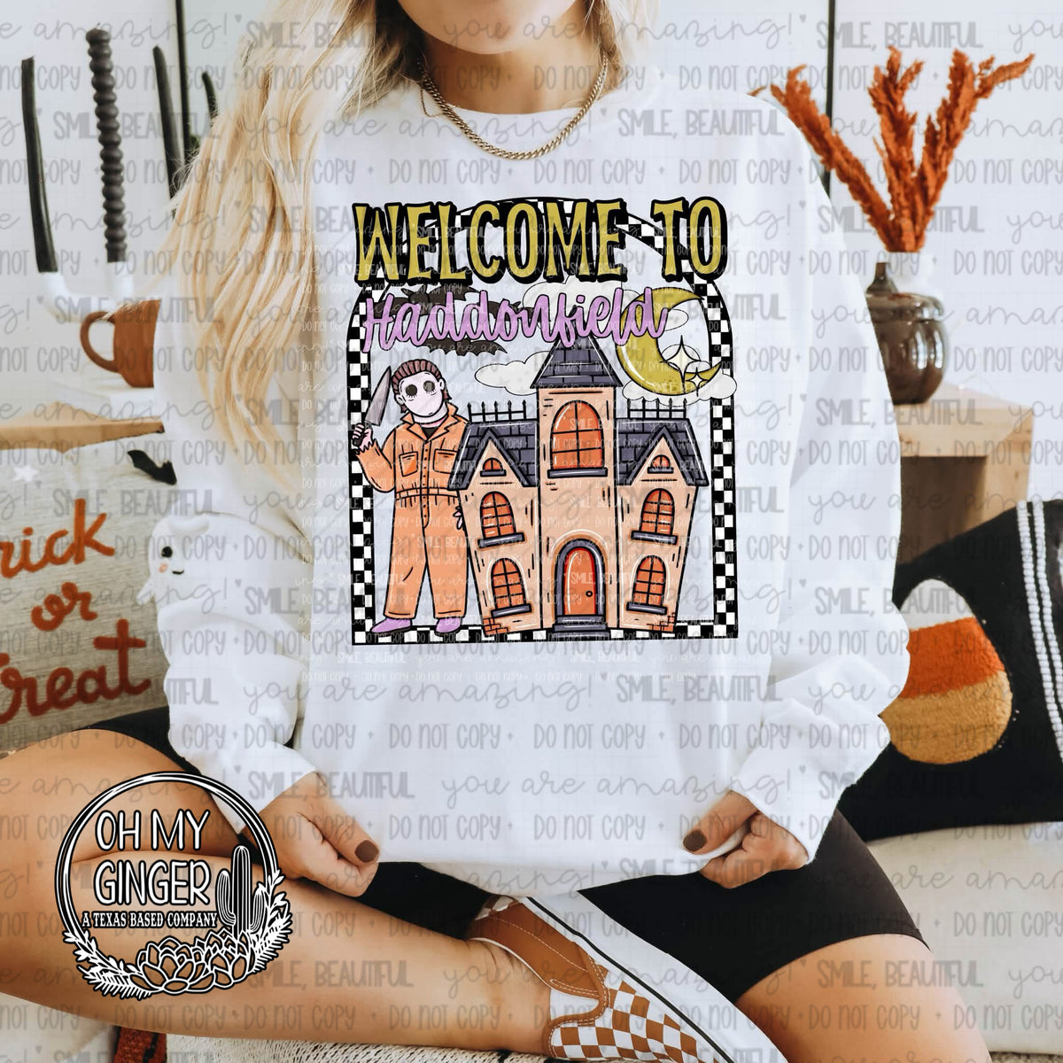 Welcome to Haddonfield adult apparel design featuring a vintage town-sign-inspired horror design welcoming visitors to Haddonfield by Oh My Ginger