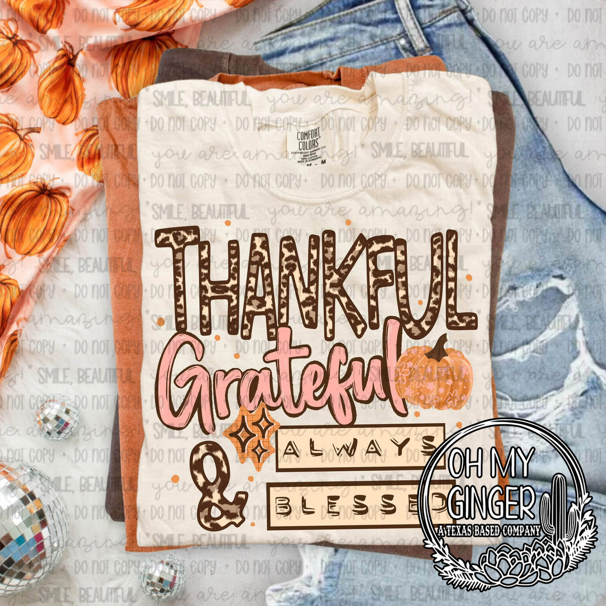 Thankful, Grateful, & Always Blessed — thankful and grateful lettering with patterned autumn details