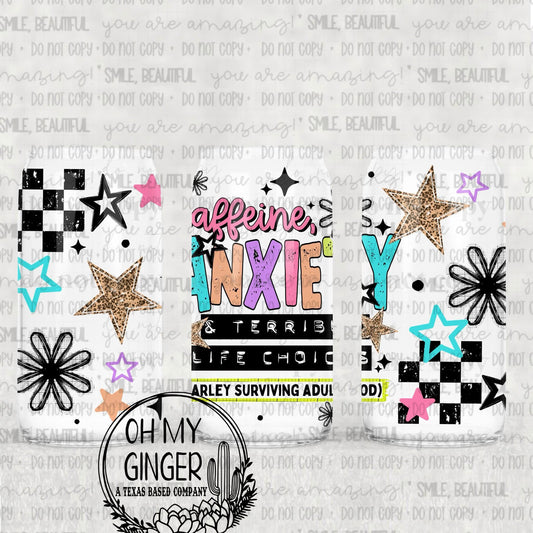 Caffeine, Anxiety, and Terrible Life Choices - Barely Surviving Adulthood Glass Can featuring bright caffeine-and-anxiety lettering with checkerboard blocks, stars and playful doodles by Oh My Ginger