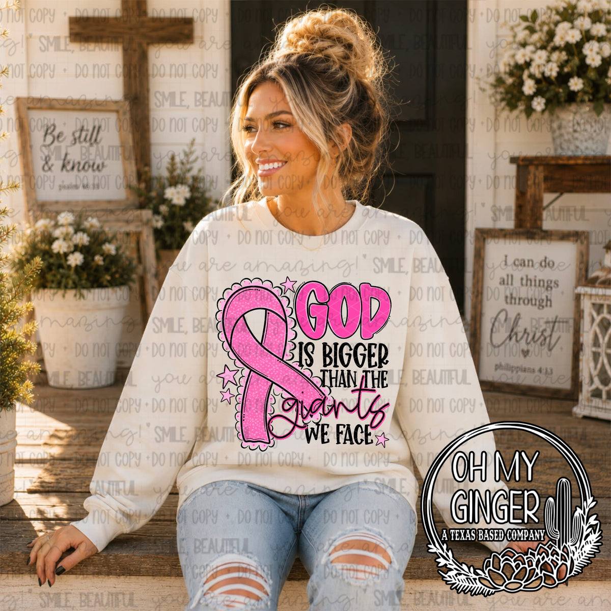 God Is Bigger - Breast Cancer Awareness — a pink awareness ribbon with God-is-bigger lettering