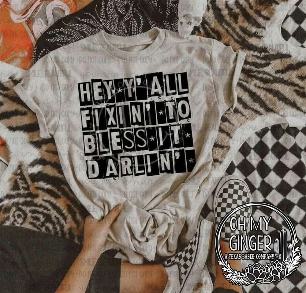 Hey Y’all — bold Southern-saying lettering with checkerboard blocks