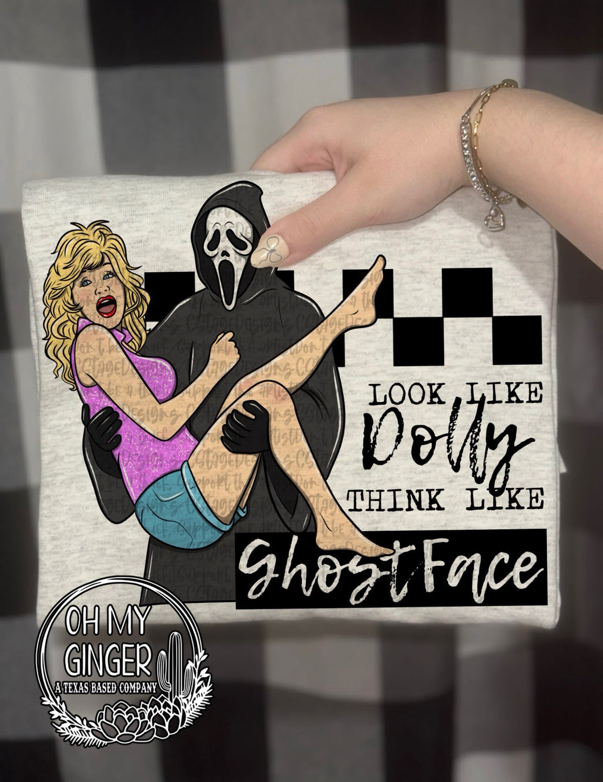 Look Like Doll Think Like GF adult apparel design featuring a girly horror mashup inspired by a mischievous doll and a masked slasher by Oh My Ginger