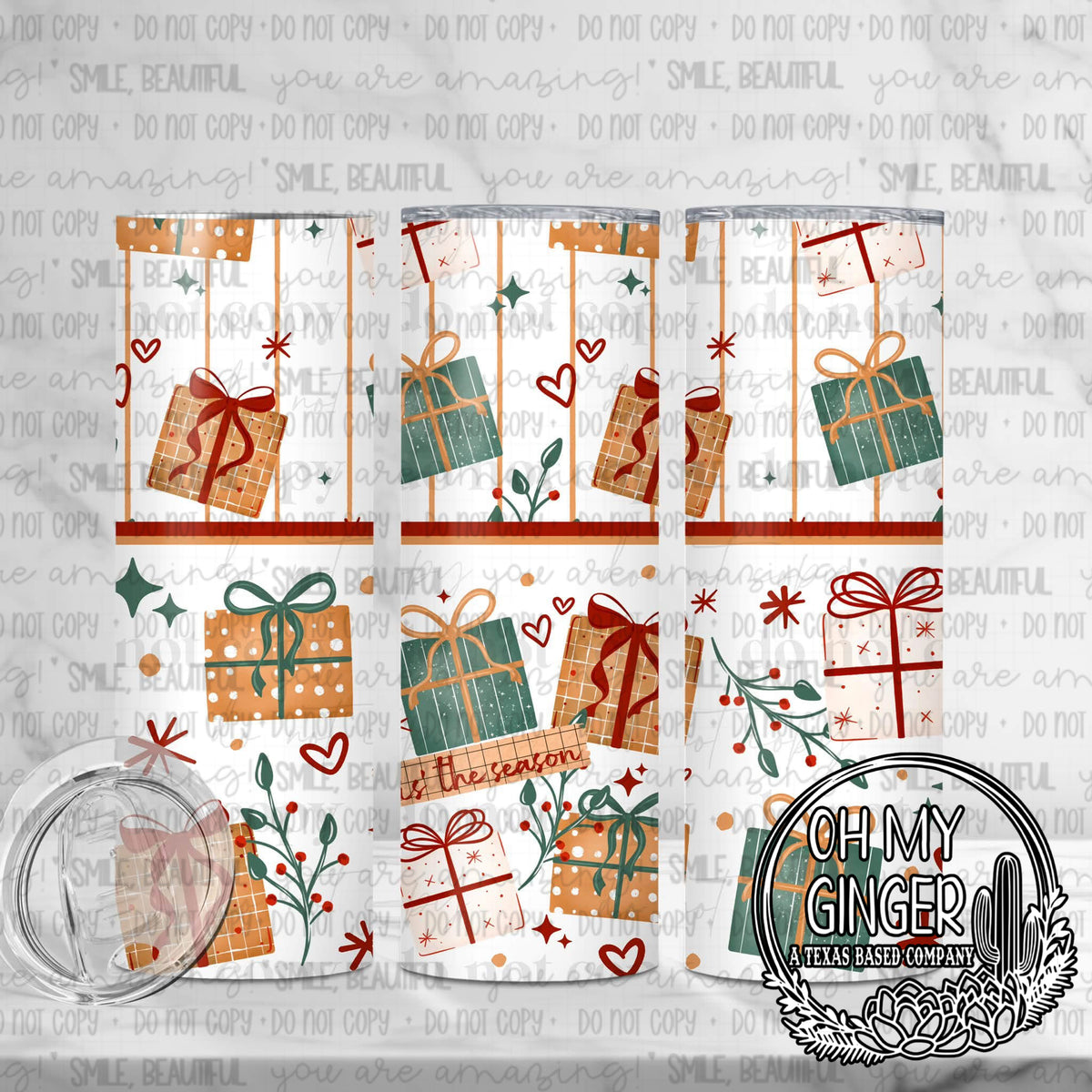 Tis The Season Presents Skinny Tumbler — colorful wrapped Christmas gifts, bows and stars