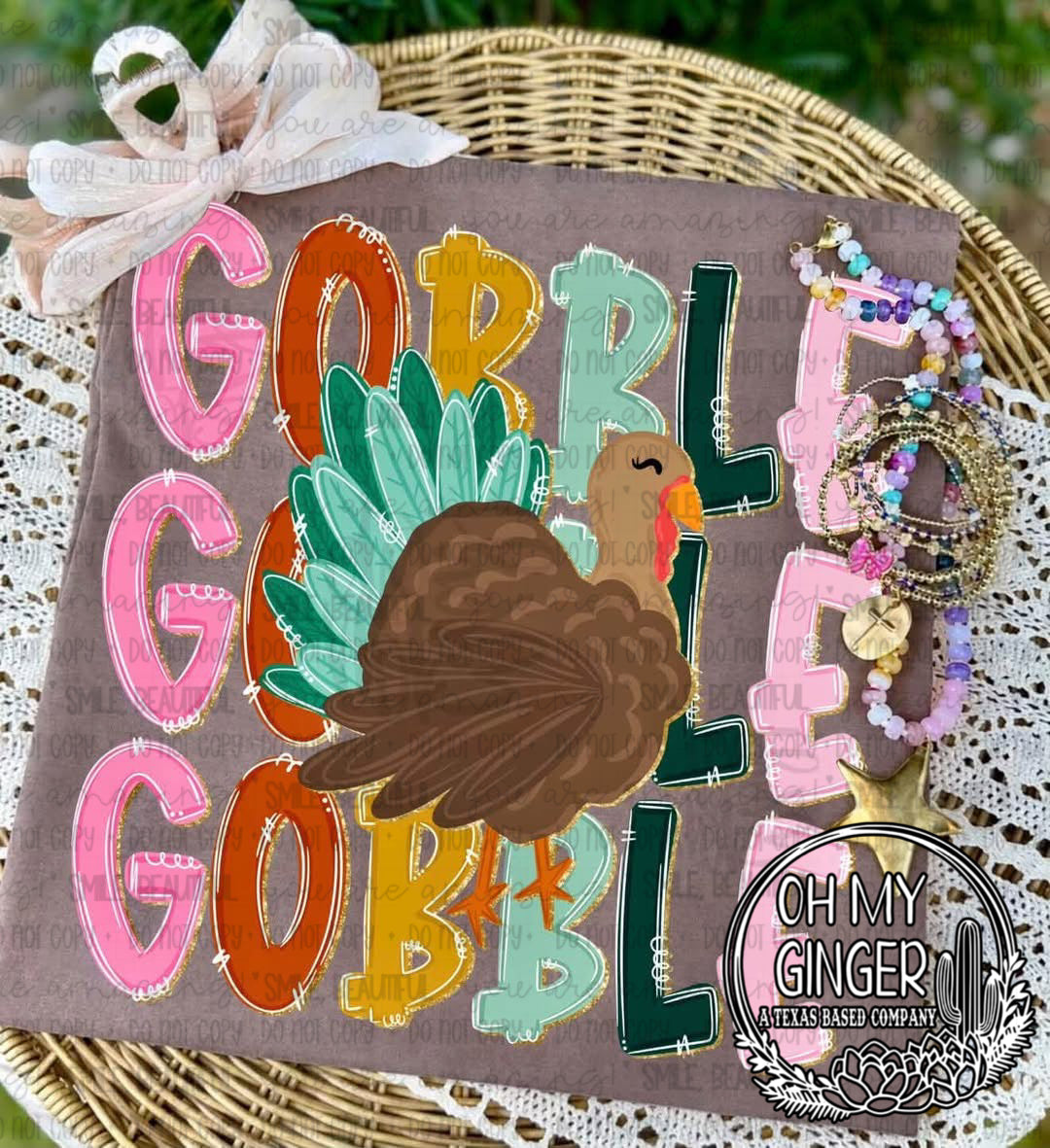 Gobble Gobble Gobble Doodle — bright gobble lettering and a turkey with colorful patterned feathers