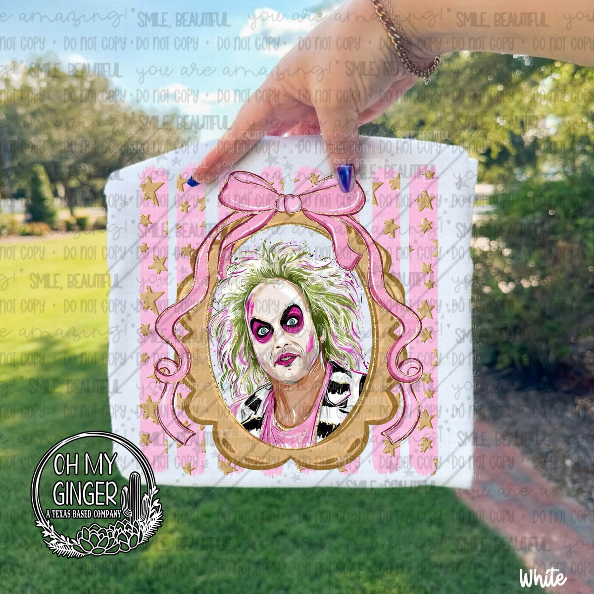 Beetlejuice Pink Horror Stripes adult apparel design featuring a pink striped supernatural-comedy-inspired design with mischievous spooky style by Oh My Ginger