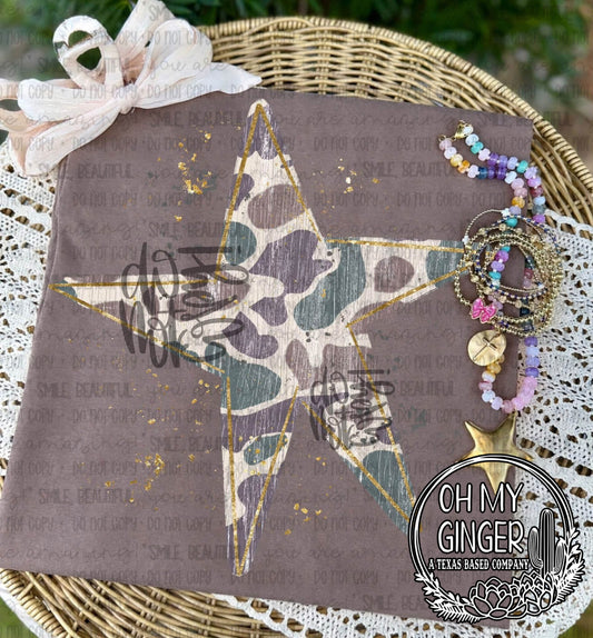 Camo Star — a camouflage-patterned star with hanging ribbon details