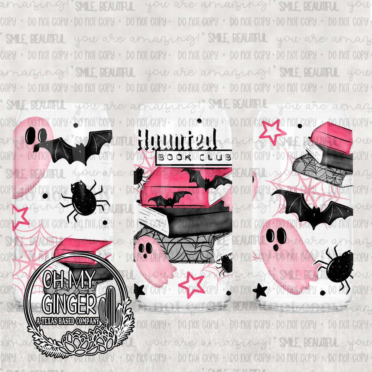 Haunted Book Club Glass Can featuring pink ghosts, stacked books, bats, spiders and Haunted Book Club lettering by Oh My Ginger