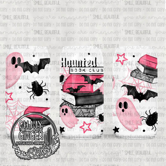 Haunted Book Club Glass Can featuring pink ghosts, stacked books, bats, spiders and Haunted Book Club lettering by Oh My Ginger