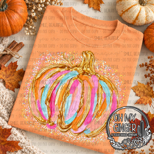 Gold Confetti Paintstroke Pumpkin — a multicolored paintstroke pumpkin with gold-look confetti details