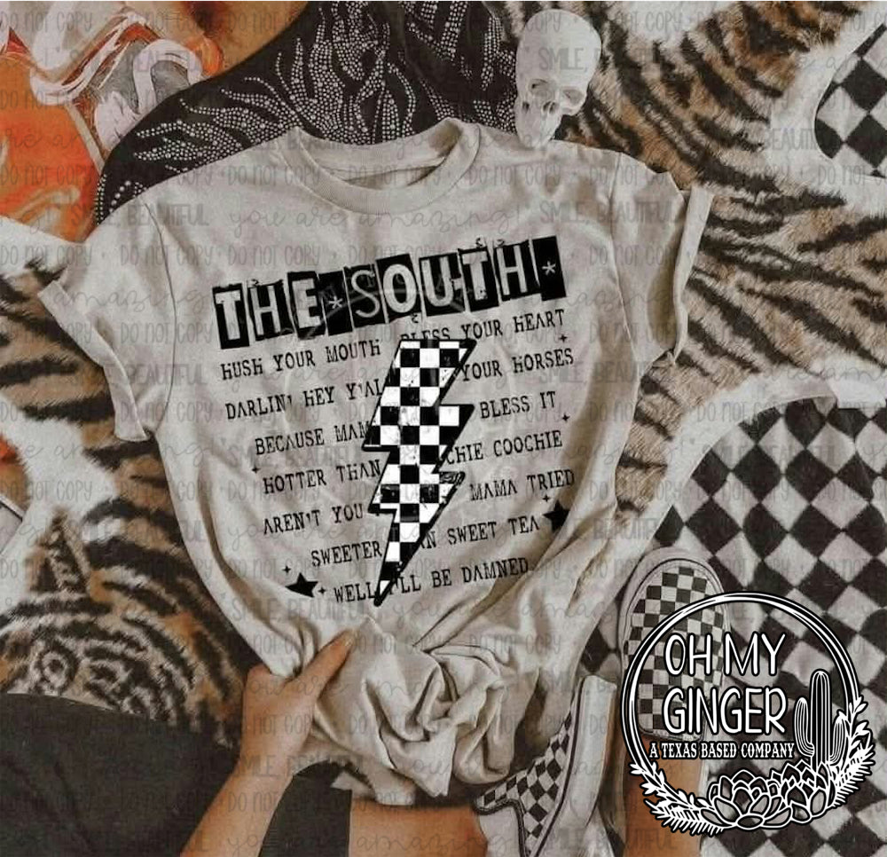 The South — Southern-themed lettering and checkerboard lightning artwork