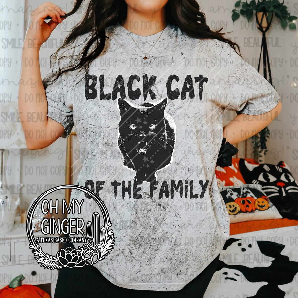 Black Cat of the Family design featuring a distressed black cat portrait framed by bold Black Cat of the Family typography for a moody, playful Halloween look by Oh My Ginger