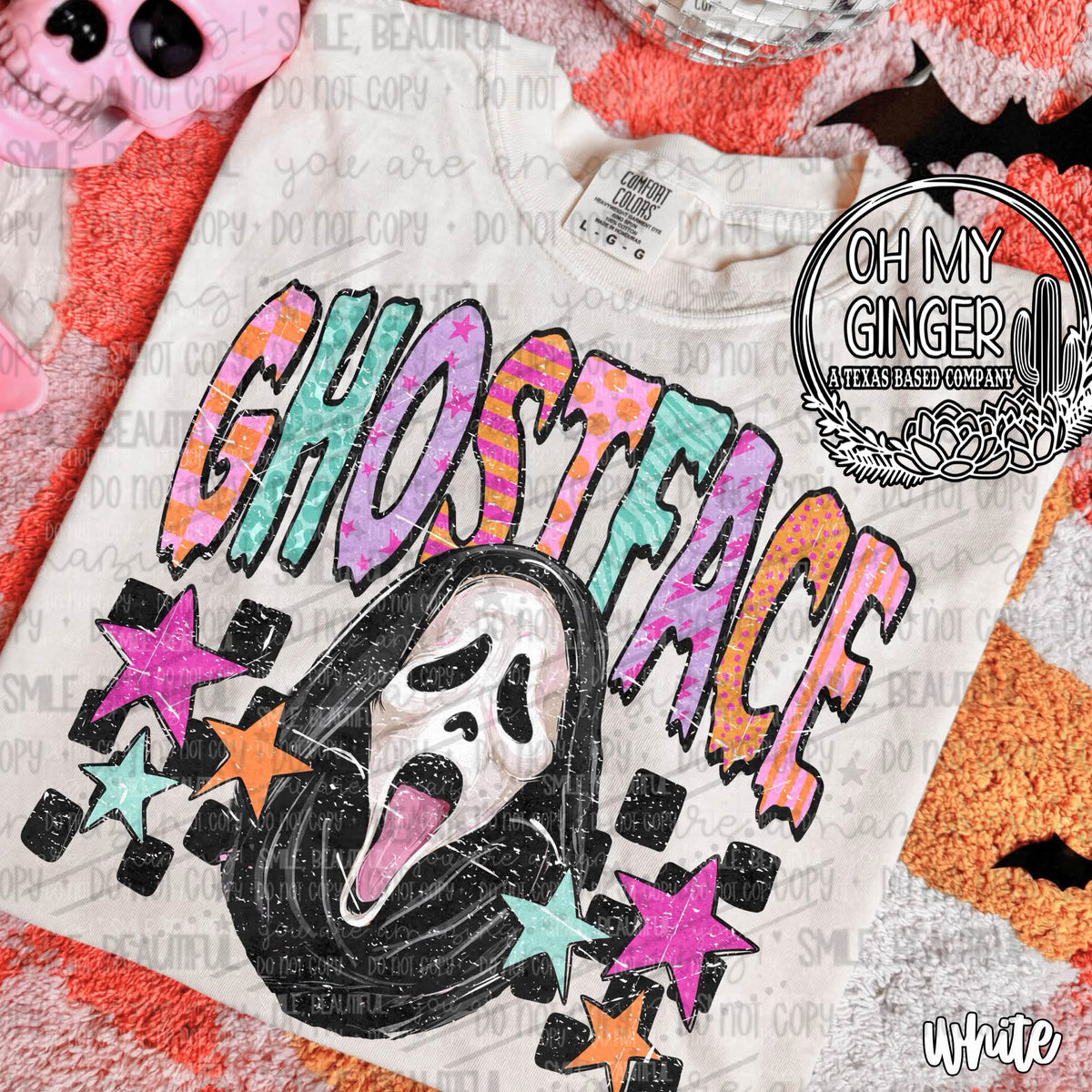 Ghostface design featuring a colorful retro Ghostface character with distressed pink, orange, teal and purple lettering, checkerboard blocks and stars by Oh My Ginger