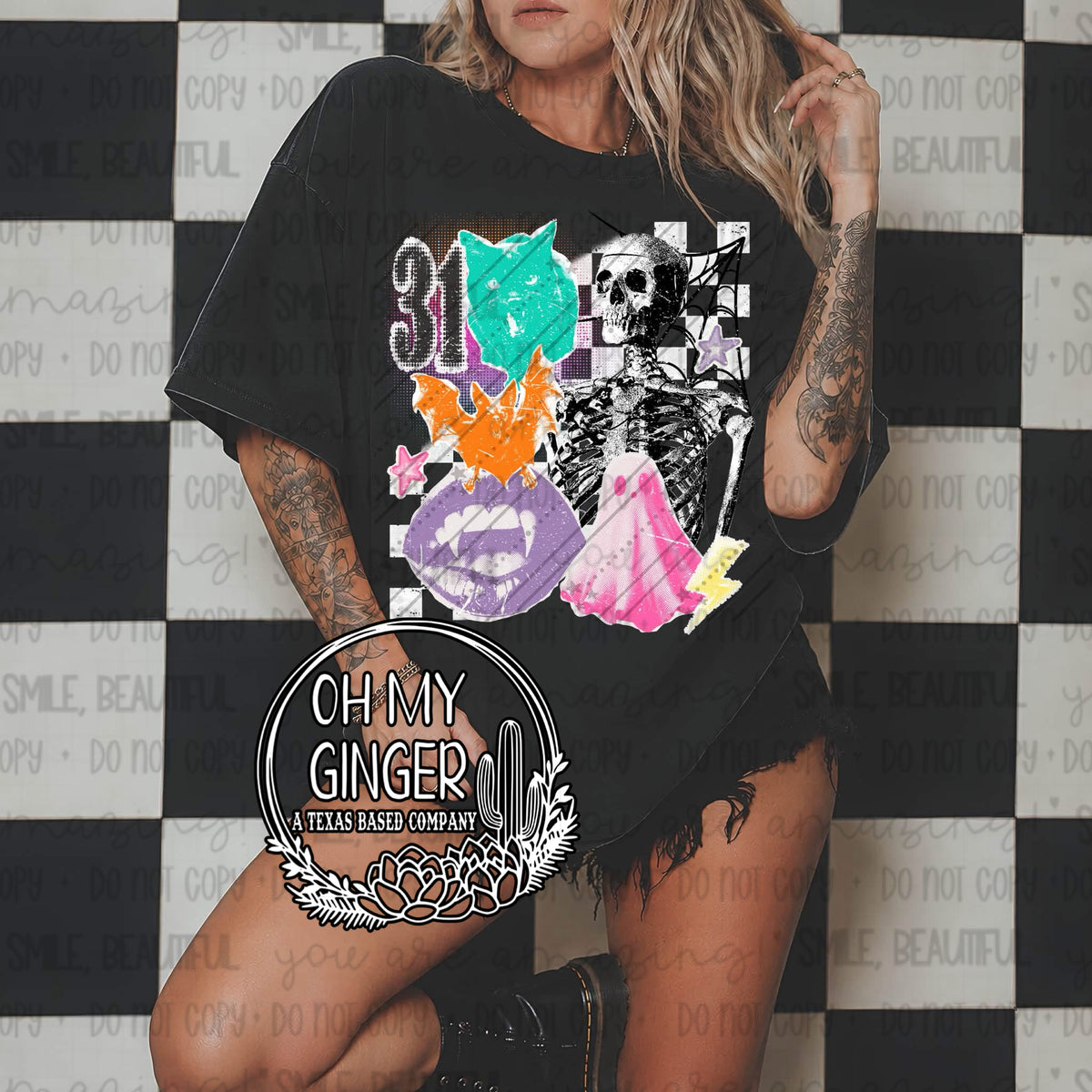 31 Skeleton Collage design featuring a distressed retro collage with the number 31, teal cat, orange bat, skeleton, spiderweb, purple lips, pink ghost and colorful stars by Oh My Ginger