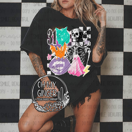31 Skeleton Collage design featuring a distressed retro collage with the number 31, teal cat, orange bat, skeleton, spiderweb, purple lips, pink ghost and colorful stars by Oh My Ginger