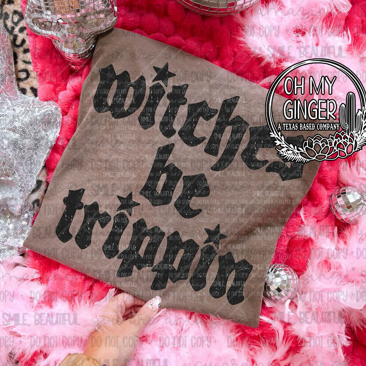 Witches Be Trippin design featuring distressed black Witches Be Trippin typography with scattered stars for a simple, witchy Halloween look by Oh My Ginger