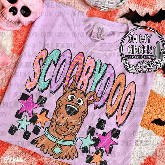 Scooby Doo - Kids design featuring a cheerful Scooby-Doo portrait beneath colorful distressed lettering with checkerboard blocks and bright stars by Oh My Ginger