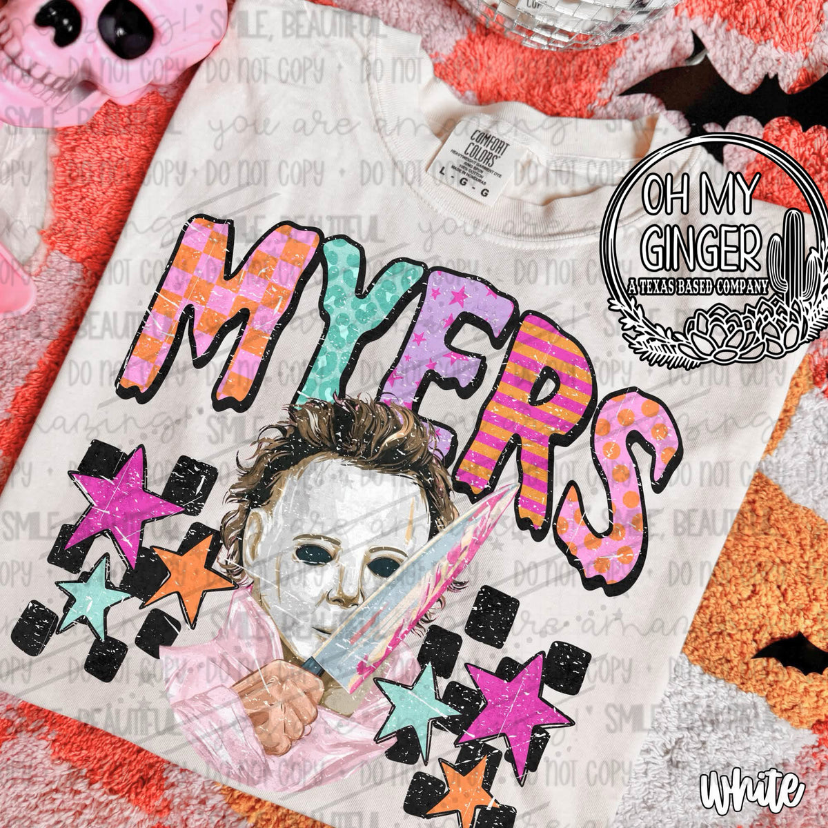 Myers design featuring a retro Michael Myers character holding a knife beneath colorful distressed lettering, checkerboard blocks and bright stars by Oh My Ginger