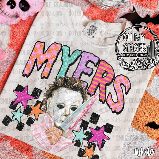 Myers design featuring a retro Michael Myers character holding a knife beneath colorful distressed lettering, checkerboard blocks and bright stars by Oh My Ginger