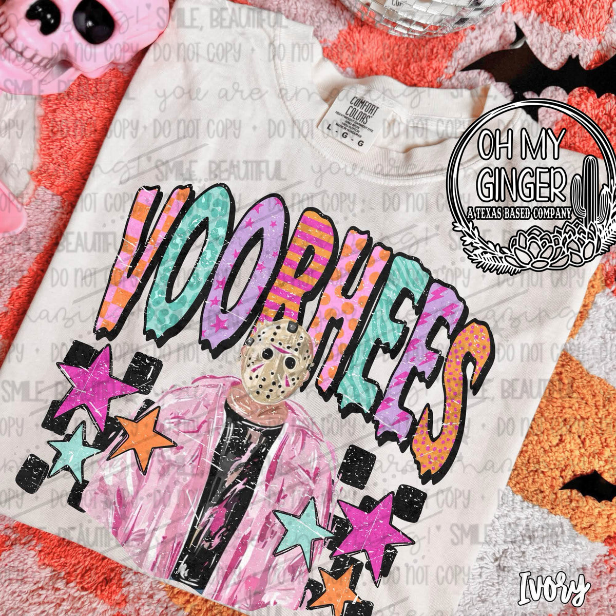 Voorhees design featuring a colorful retro Jason Voorhees character in a pink jacket and hockey mask with patterned lettering, stars and checkerboard accents by Oh My Ginger