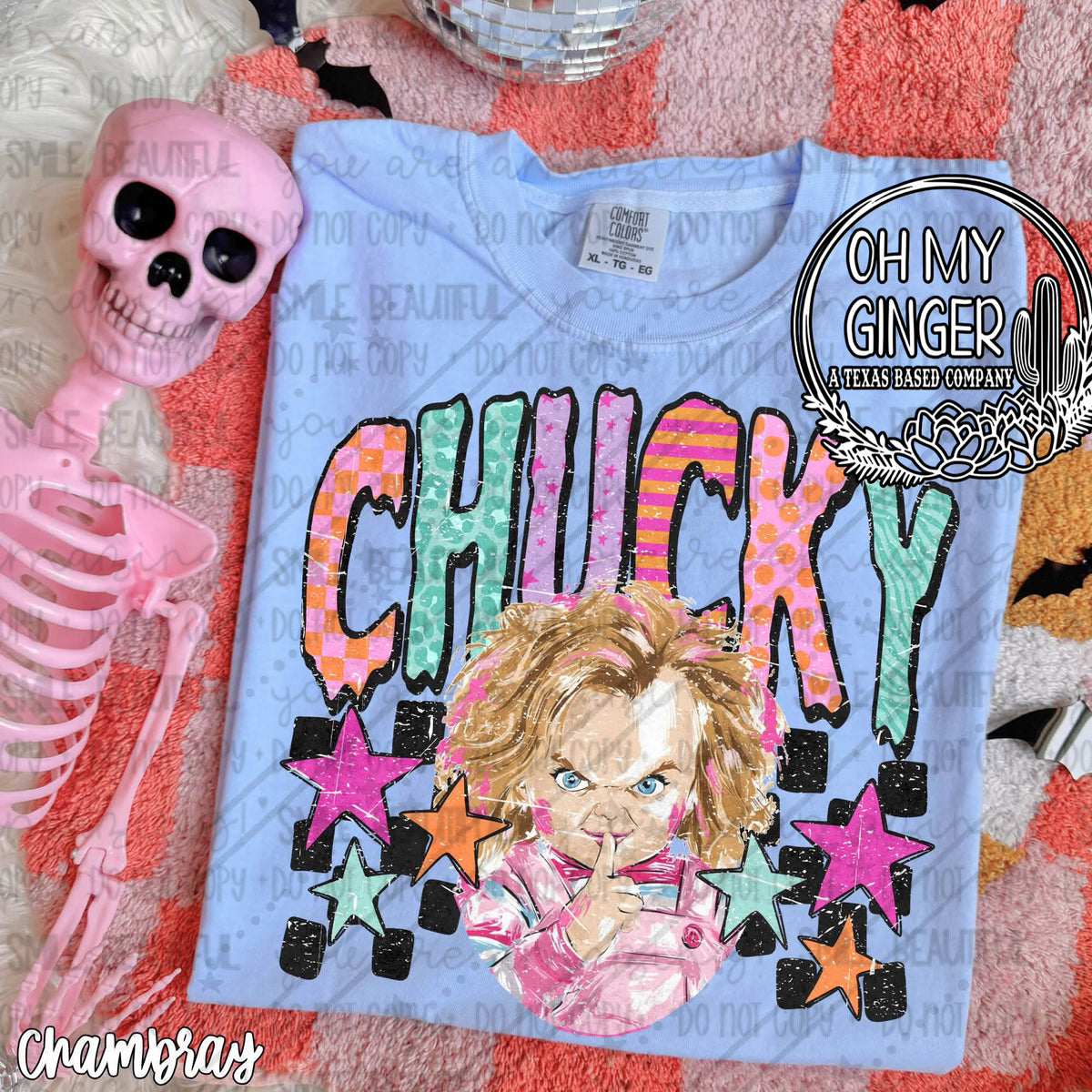 Chucky design featuring a colorful retro Chucky character with distressed lettering, checkerboard blocks and bright stars by Oh My Ginger