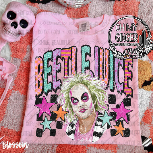 Beetlejuice design featuring a colorful retro Beetlejuice portrait with pink, orange, teal and purple lettering, checkerboard blocks and stars by Oh My Ginger