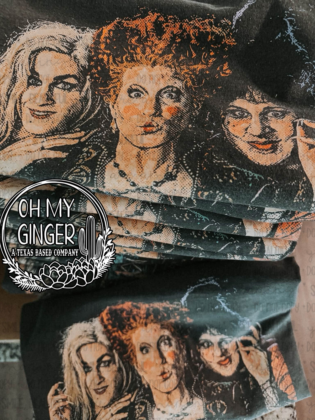 Sanderson Sisters design featuring a vintage distressed portrait of the three Sanderson sisters in warm orange, cream, teal and black tones by Oh My Ginger