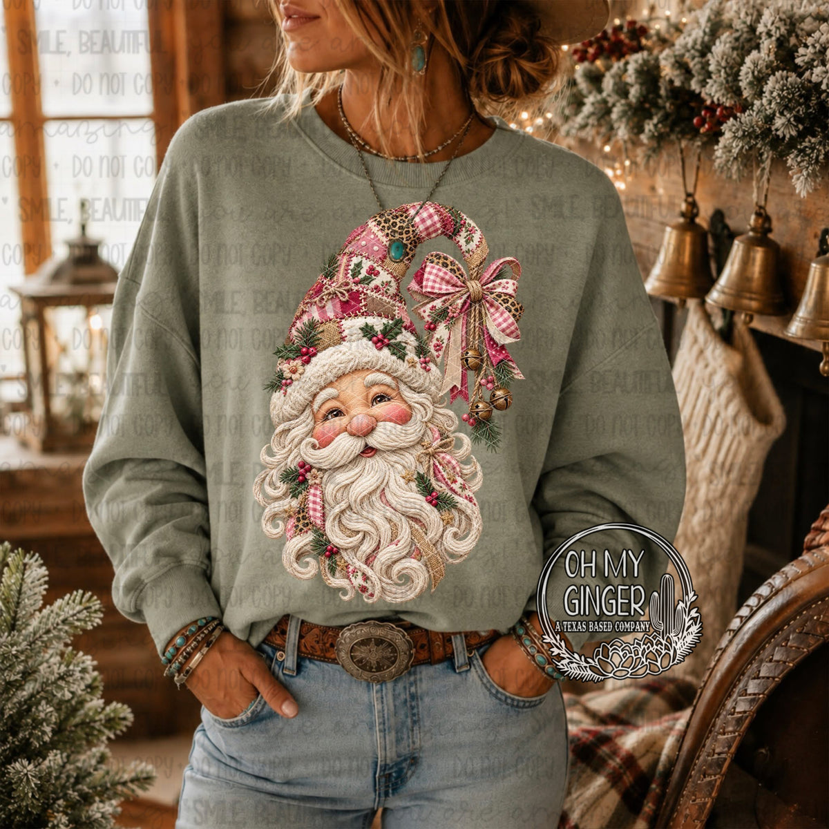 Santa Patchwork Pink graphic apparel from Oh My Ginger