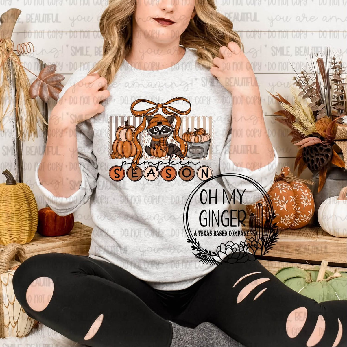 Pumpkin Season graphic with a bow and pumpkins on a light sweatshirt