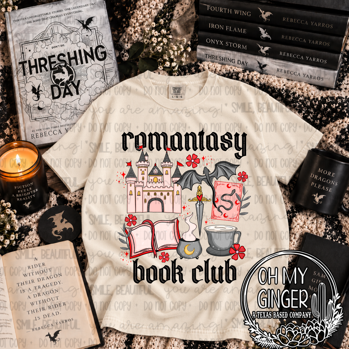 Romantasy Book Club graphic tee with a castle, winged dragon, books, flowers and mug