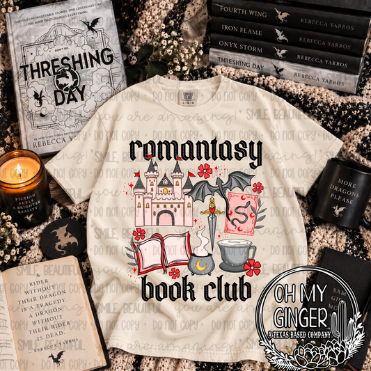 Romantasy Book Club graphic tee with a castle, winged dragon, books, flowers and mug