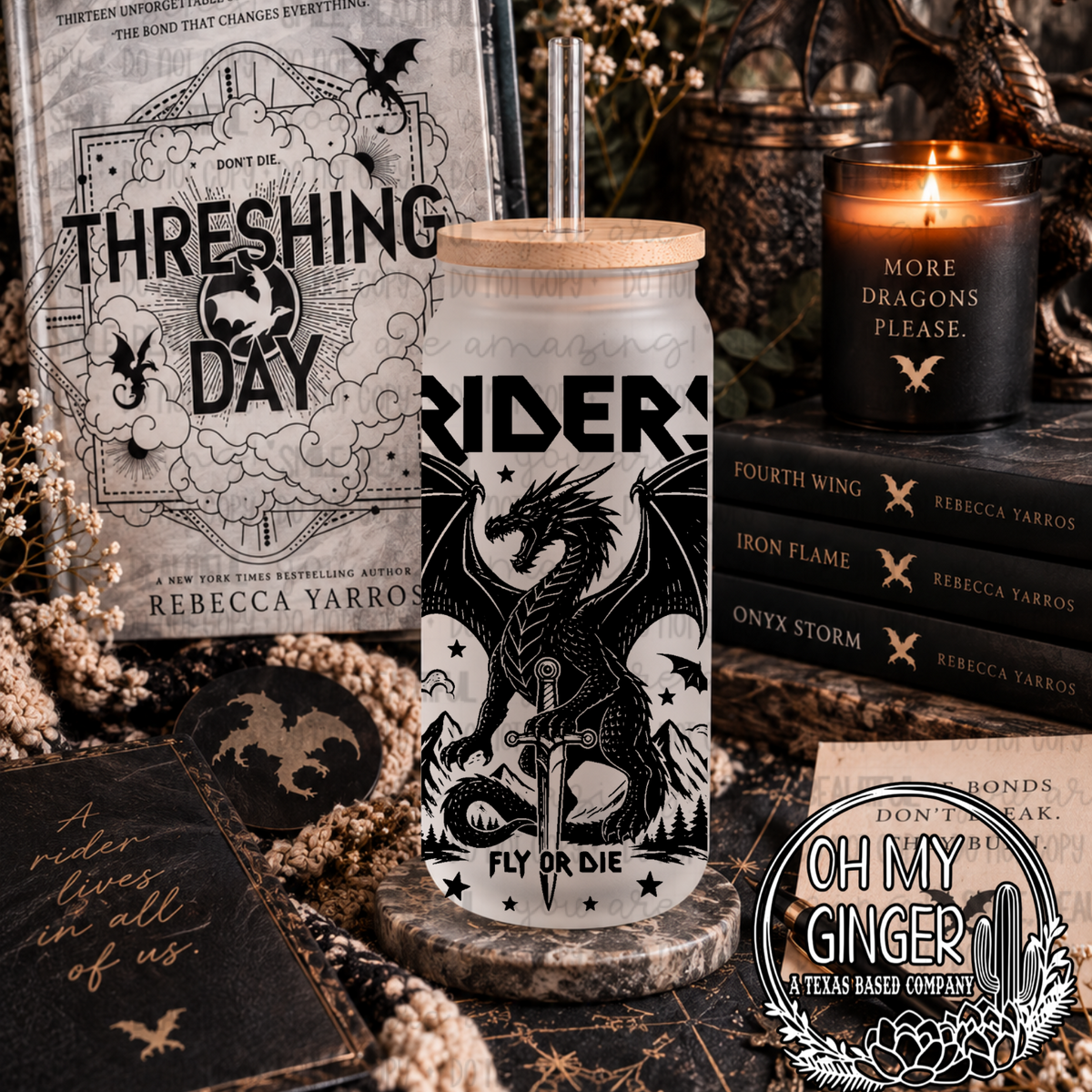 Riders 16oz glass can mockup with black winged dragon artwork, sword and Fly Or Die lettering