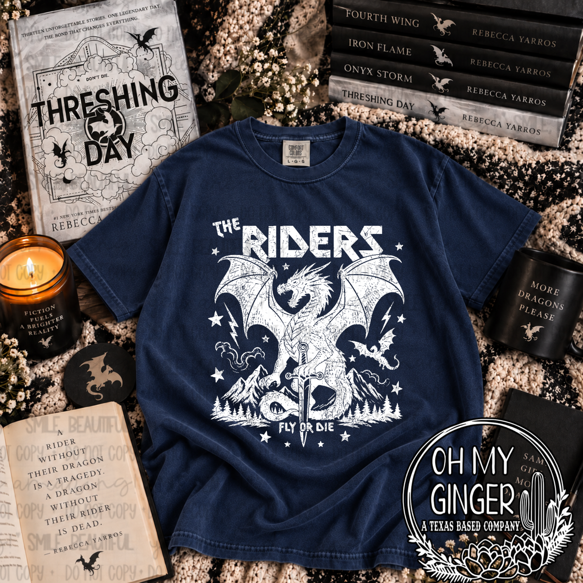 The Riders Fly Or Die graphic tee featuring a winged dragon, sword, mountains, pine trees and stars