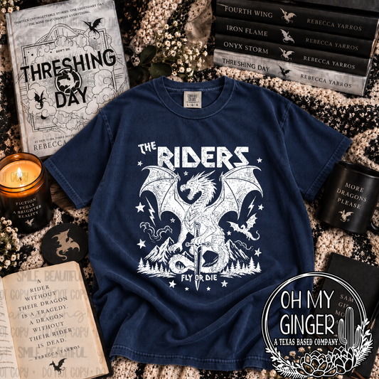 The Riders Fly Or Die graphic tee featuring a winged dragon, sword, mountains, pine trees and stars
