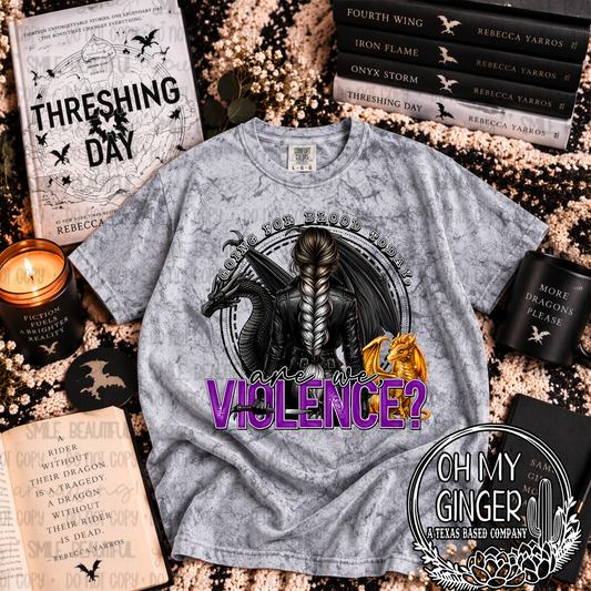Going For Blood Today, Are We Violence graphic tee with dark and golden dragons and purple Violence lettering